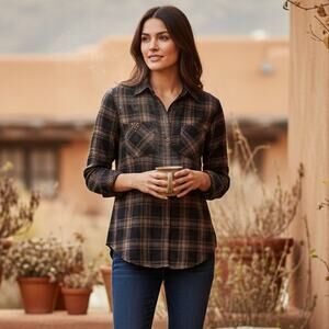 Peruvian Connection Women's Black Brown Plaid Shirt Size XS